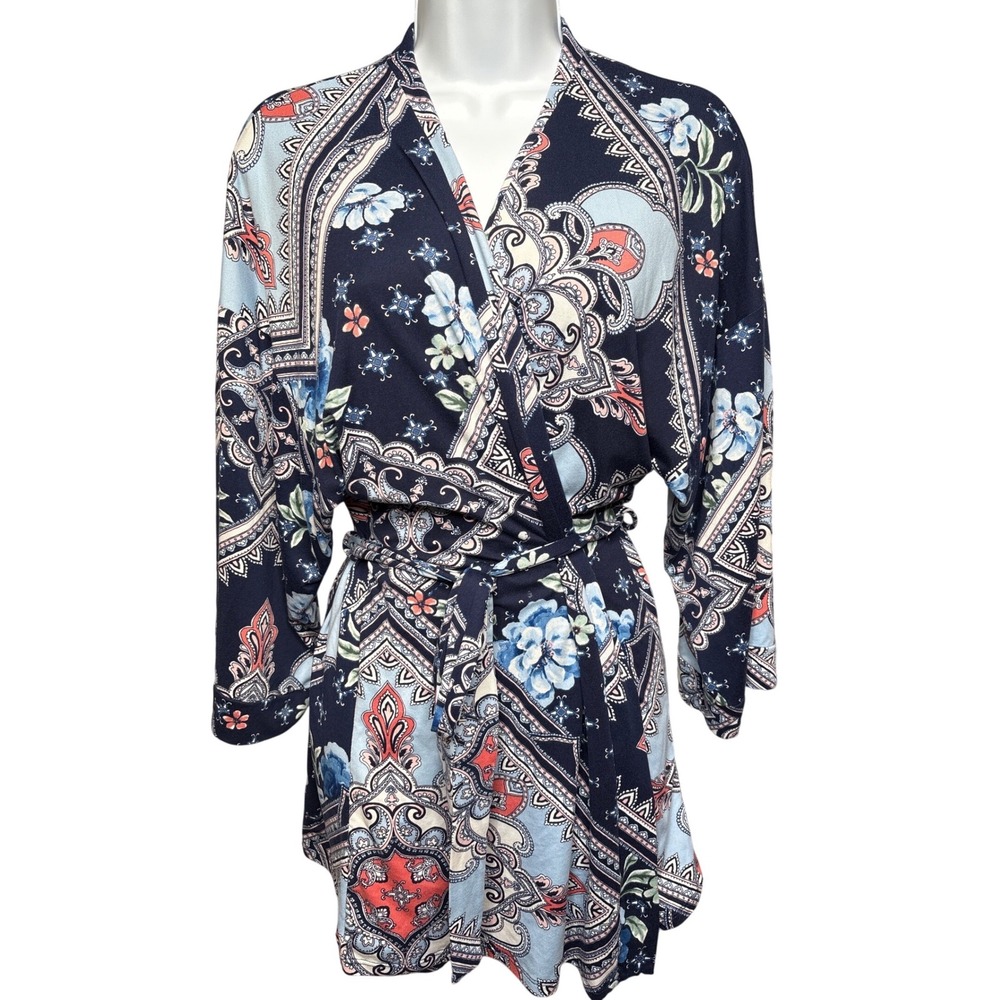 LINEA DONATELLA Navy Blue Paisley Floral Short Wrap Robe Sz S Eclectic Romantic